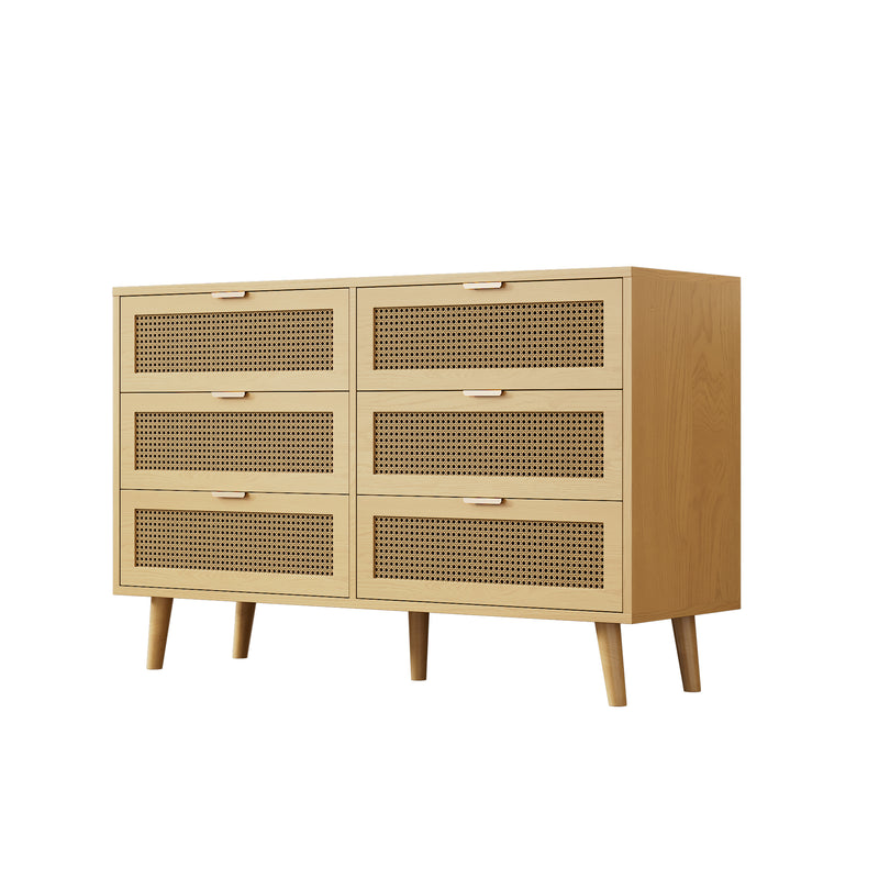 Commode Rétro Élégante en Chêne avec 6 Tiroirs en Rotin et Pieds en Bois Massif KRAUTIX