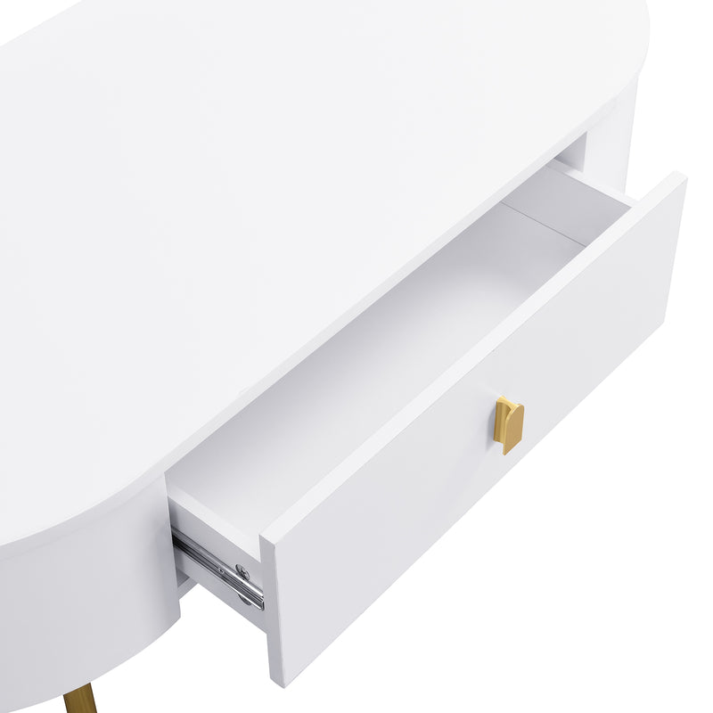 Table Basse Moderne Blanche avec Bords Arrondis, Poignées et Pieds Dorés, et 2 Grands Tiroirs de Rangement KRAUVVEX.
