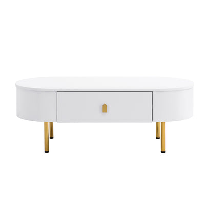 Table Basse Moderne Blanche avec Bords Arrondis, Poignées et Pieds Dorés, et 2 Grands Tiroirs de Rangement KRAUVVEX.