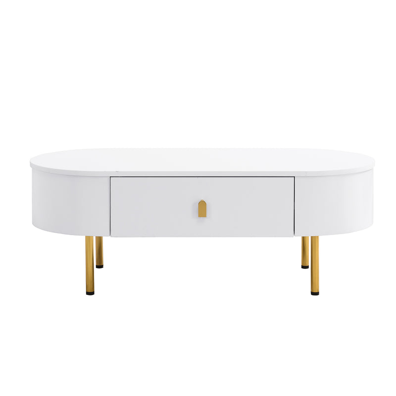 Table Basse Moderne Blanche avec Bords Arrondis, Poignées et Pieds Dorés, et 2 Grands Tiroirs de Rangement KRAUVVEX.