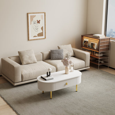 Table Basse Moderne Blanche avec Bords Arrondis, Poignées et Pieds Dorés, et 2 Grands Tiroirs de Rangement KRAUVVEX.