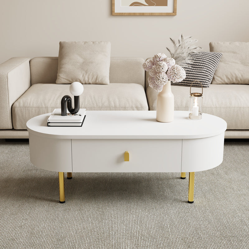 Table Basse Moderne Blanche avec Bords Arrondis, Poignées et Pieds Dorés, et 2 Grands Tiroirs de Rangement KRAUVVEX.