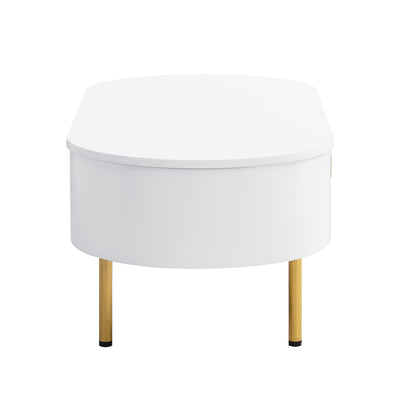 Table Basse Moderne Blanche avec Bords Arrondis, Poignées et Pieds Dorés, et 2 Grands Tiroirs de Rangement KRAUVVEX.