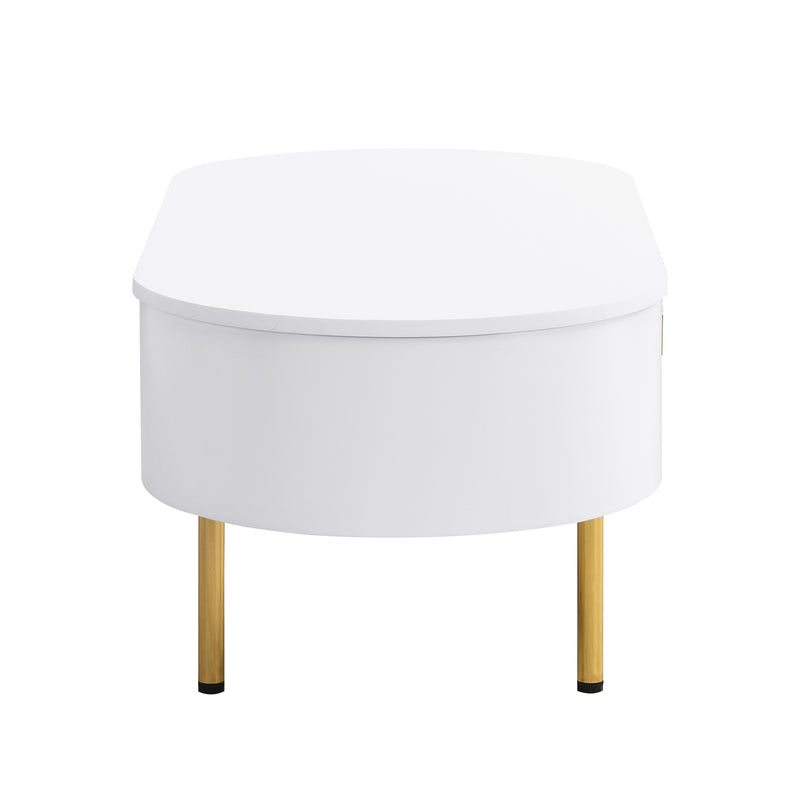 Table Basse Moderne Blanche avec Bords Arrondis, Poignées et Pieds Dorés, et 2 Grands Tiroirs de Rangement KRAUVVEX.