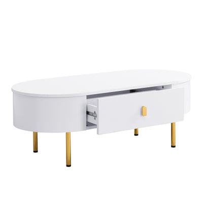 Table Basse Moderne Blanche avec Bords Arrondis, Poignées et Pieds Dorés, et 2 Grands Tiroirs de Rangement KRAUVVEX.