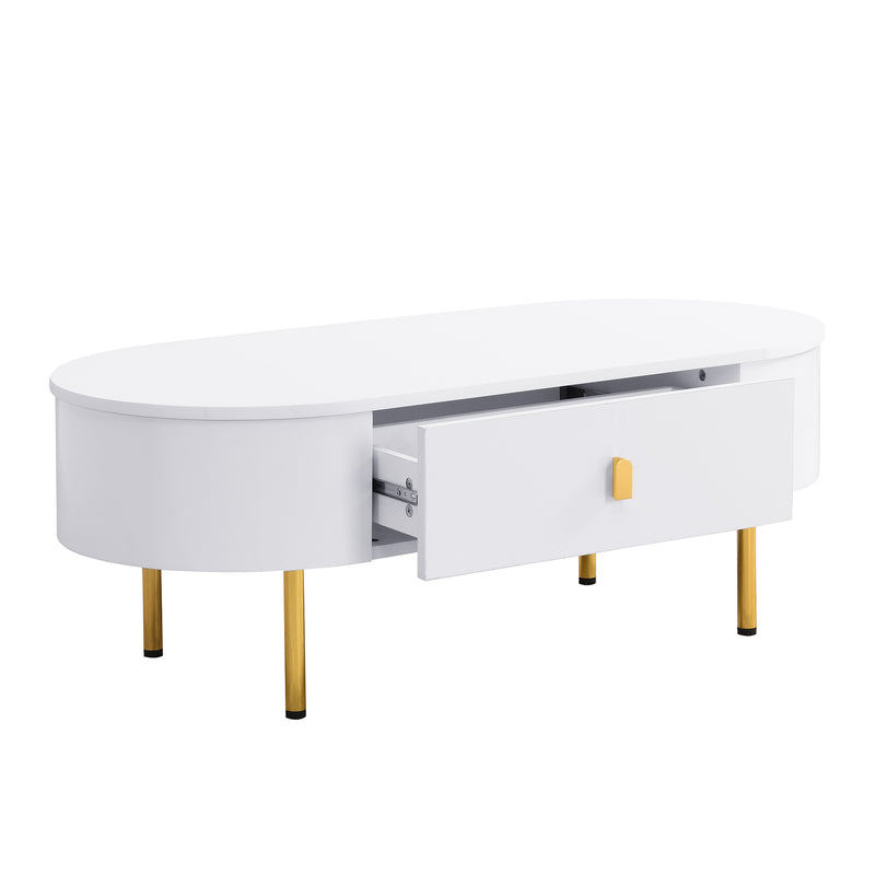 Table Basse Moderne Blanche avec Bords Arrondis, Poignées et Pieds Dorés, et 2 Grands Tiroirs de Rangement KRAUVVEX.