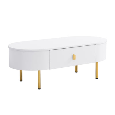 Table Basse Moderne Blanche avec Bords Arrondis, Poignées et Pieds Dorés, et 2 Grands Tiroirs de Rangement KRAUVVEX.