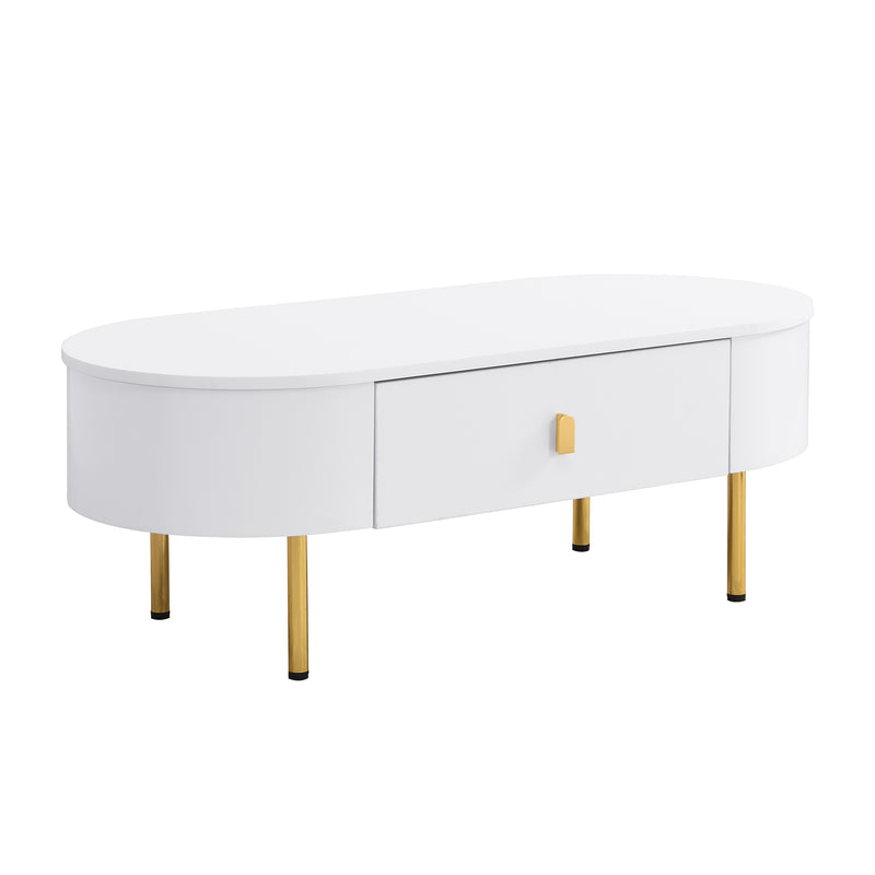 Table Basse Moderne Blanche avec Bords Arrondis, Poignées et Pieds Dorés, et 2 Grands Tiroirs de Rangement KRAUVVEX.