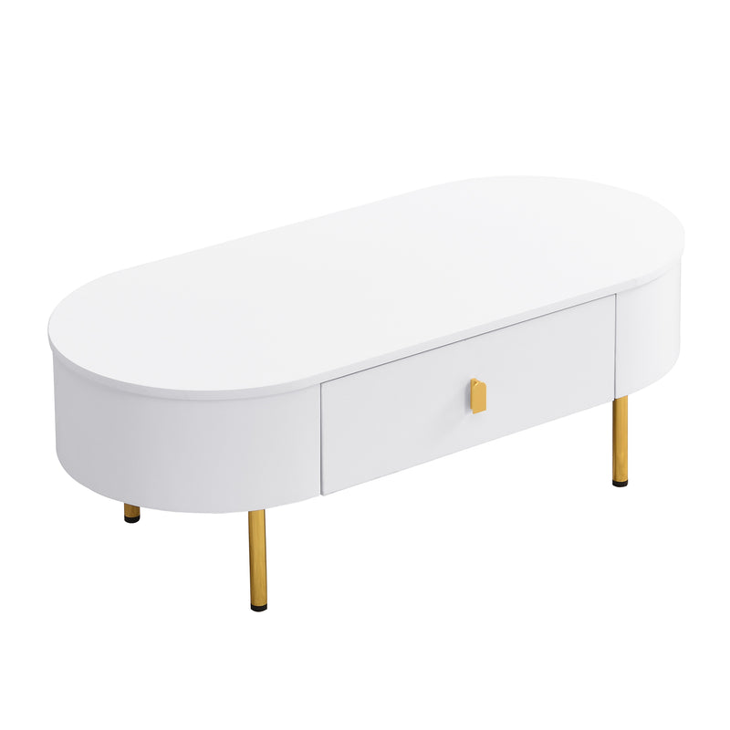 Table Basse Moderne Blanche avec Bords Arrondis, Poignées et Pieds Dorés, et 2 Grands Tiroirs de Rangement KRAUVVEX.