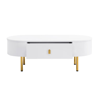 Table Basse Moderne Blanche avec Bords Arrondis, Poignées et Pieds Dorés, et 2 Grands Tiroirs de Rangement KRAUVVEX.