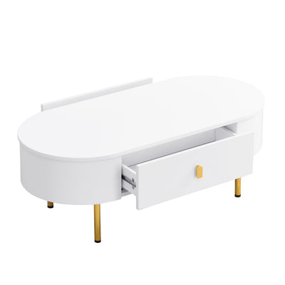 Table Basse Moderne Blanche avec Bords Arrondis, Poignées et Pieds Dorés, et 2 Grands Tiroirs de Rangement KRAUVVEX.