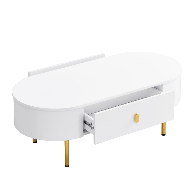 Table Basse Moderne Blanche avec Bords Arrondis, Poignées et Pieds Dorés, et 2 Grands Tiroirs de Rangement KRAUVVEX.