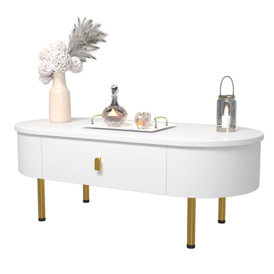 Table Basse Moderne Blanche avec Bords Arrondis, Poignées et Pieds Dorés, et 2 Grands Tiroirs de Rangement KRAUVVEX.