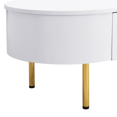 Table Basse Moderne Blanche avec Bords Arrondis, Poignées et Pieds Dorés, et 2 Grands Tiroirs de Rangement KRAUVVEX.