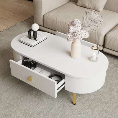 Table Basse Moderne Blanche avec Bords Arrondis, Poignées et Pieds Dorés, et 2 Grands Tiroirs de Rangement KRAUVVEX.