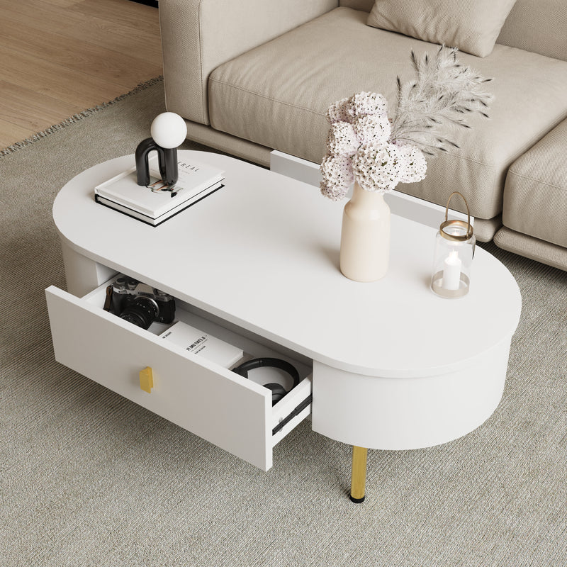 Table Basse Moderne Blanche avec Bords Arrondis, Poignées et Pieds Dorés, et 2 Grands Tiroirs de Rangement KRAUVVEX.