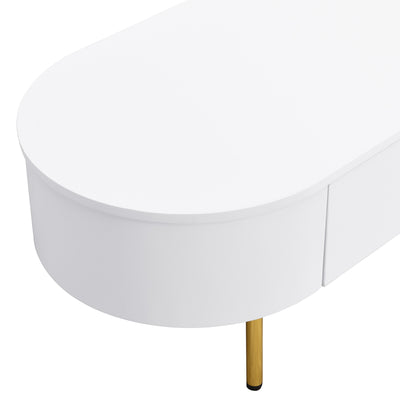 Table Basse Moderne Blanche avec Bords Arrondis, Poignées et Pieds Dorés, et 2 Grands Tiroirs de Rangement KRAUVVEX.
