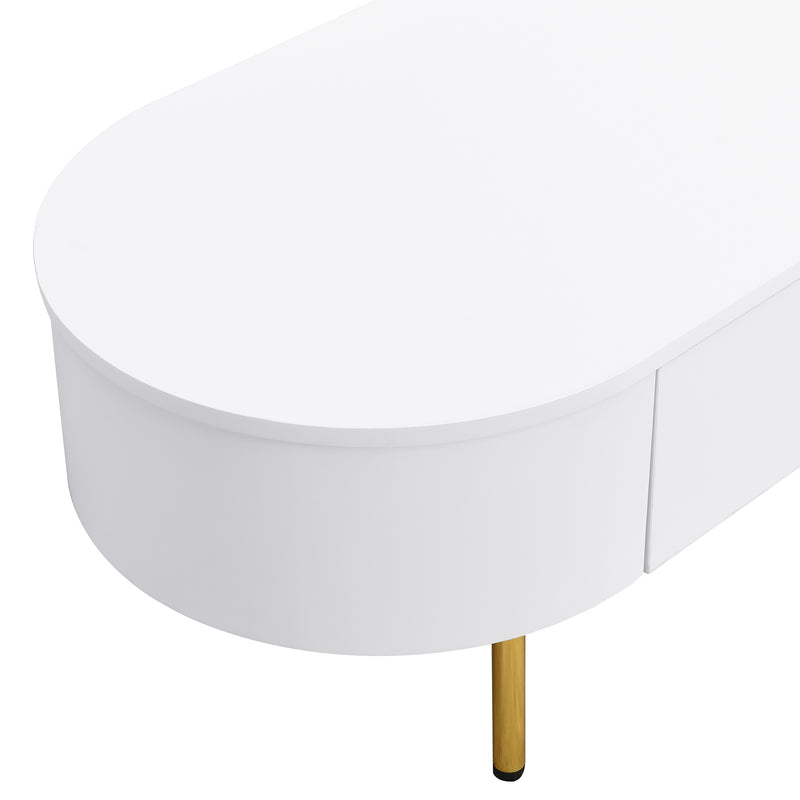 Table Basse Moderne Blanche avec Bords Arrondis, Poignées et Pieds Dorés, et 2 Grands Tiroirs de Rangement KRAUVVEX.