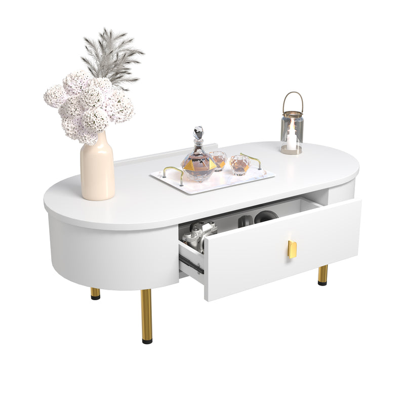 Table Basse Moderne Blanche avec Bords Arrondis, Poignées et Pieds Dorés, et 2 Grands Tiroirs de Rangement KRAUVVEX.