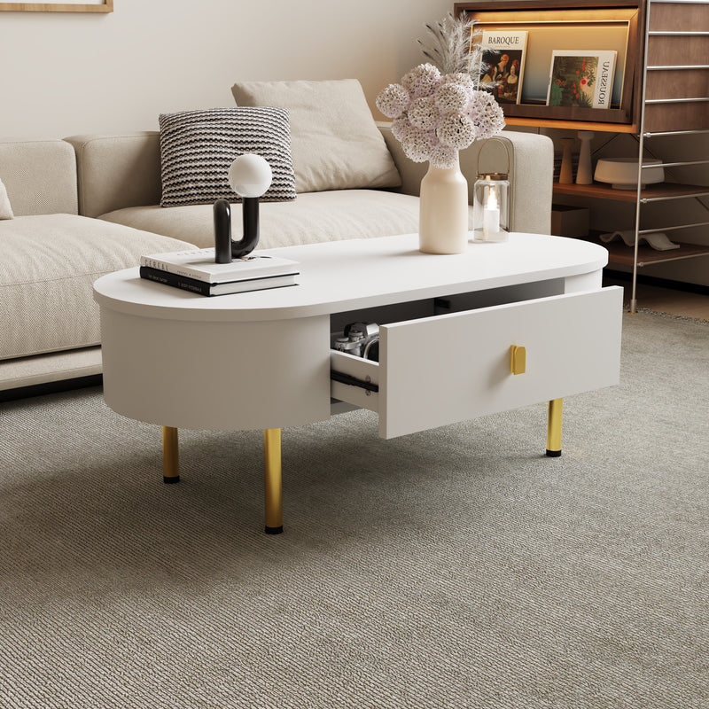 Table Basse Moderne Blanche avec Bords Arrondis, Poignées et Pieds Dorés, et 2 Grands Tiroirs de Rangement KRAUVVEX.