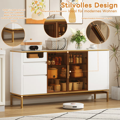 Buffet Élégant Blanc Effet Marbre et Or avec Portes Vitrées, Tiroirs Cachés et Rangement Modulable KROCEID
