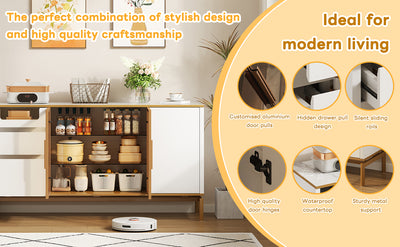 Buffet Élégant Blanc Effet Marbre et Or avec Portes Vitrées, Tiroirs Cachés et Rangement Modulable KROCEID