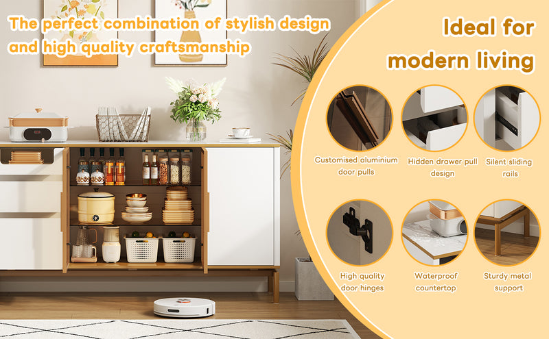 Buffet Élégant Blanc Effet Marbre et Or avec Portes Vitrées, Tiroirs Cachés et Rangement Modulable KROCEID