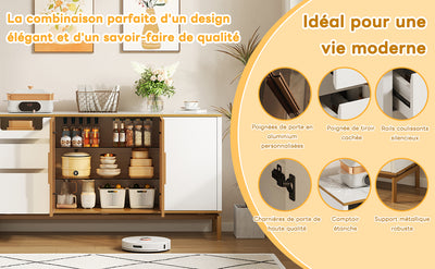 Buffet Élégant Blanc Effet Marbre et Or avec Portes Vitrées, Tiroirs Cachés et Rangement Modulable KROCEID