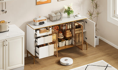 Buffet Élégant Blanc Effet Marbre et Or avec Portes Vitrées, Tiroirs Cachés et Rangement Modulable KROCEID