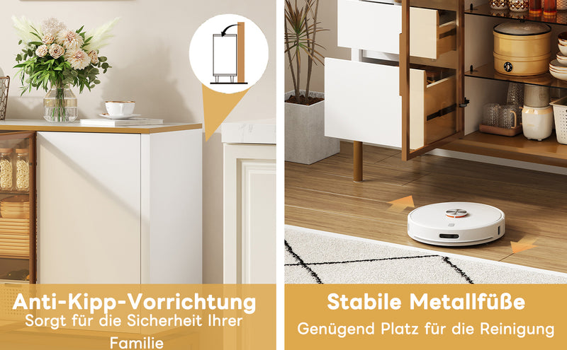 Buffet Élégant Blanc Effet Marbre et Or avec Portes Vitrées, Tiroirs Cachés et Rangement Modulable KROCEID