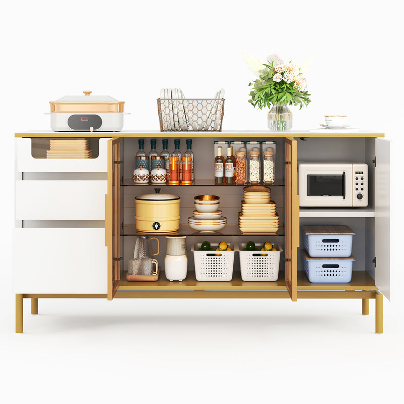 Buffet Élégant Blanc Effet Marbre et Or avec Portes Vitrées, Tiroirs Cachés et Rangement Modulable KROCEID