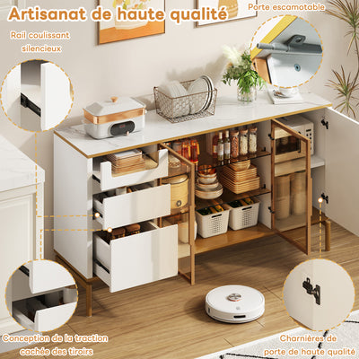 Buffet Élégant Blanc Effet Marbre et Or avec Portes Vitrées, Tiroirs Cachés et Rangement Modulable KROCEID