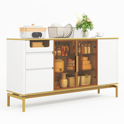 Buffet Élégant Blanc Effet Marbre et Or avec Portes Vitrées, Tiroirs Cachés et Rangement Modulable KROCEID