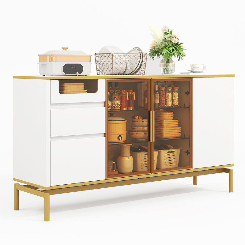 Buffet Élégant Blanc Effet Marbre et Or avec Portes Vitrées, Tiroirs Cachés et Rangement Modulable KROCEID