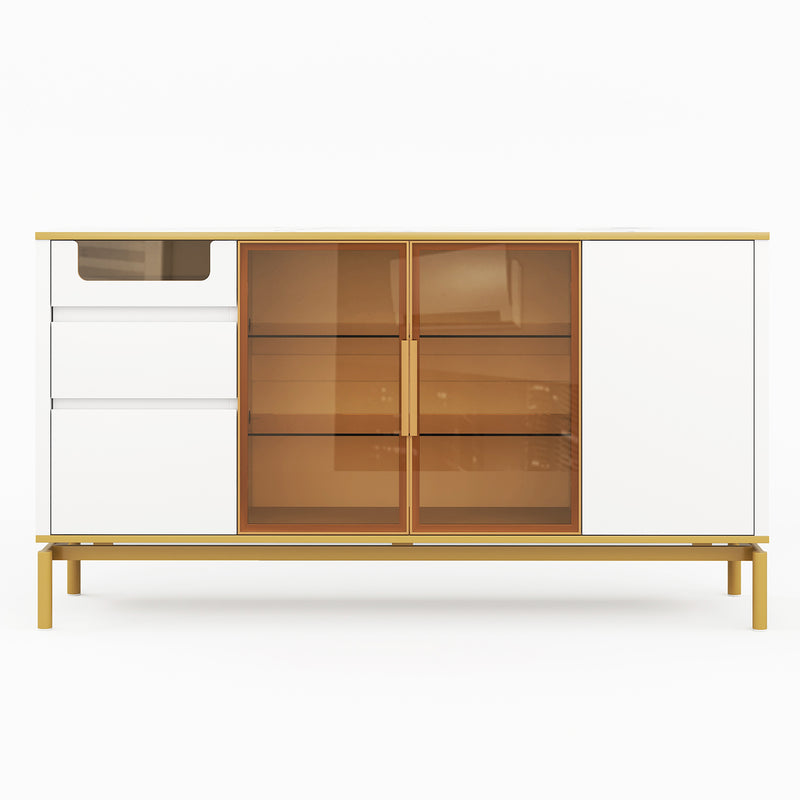 Buffet Élégant Blanc Effet Marbre et Or avec Portes Vitrées, Tiroirs Cachés et Rangement Modulable KROCEID