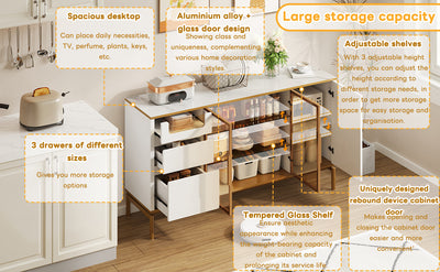 Buffet Élégant Blanc Effet Marbre et Or avec Portes Vitrées, Tiroirs Cachés et Rangement Modulable KROCEID