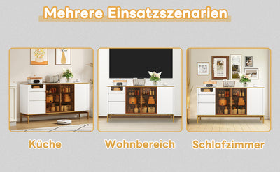Buffet Élégant Blanc Effet Marbre et Or avec Portes Vitrées, Tiroirs Cachés et Rangement Modulable KROCEID