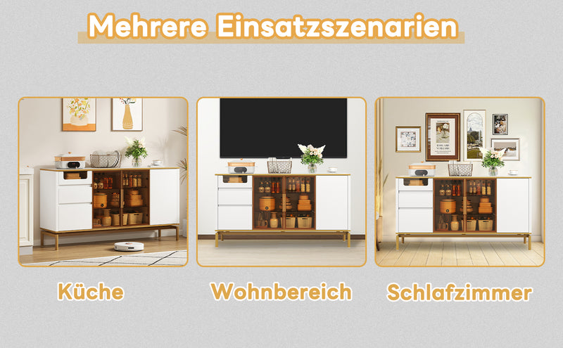 Buffet Élégant Blanc Effet Marbre et Or avec Portes Vitrées, Tiroirs Cachés et Rangement Modulable KROCEID