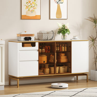 Buffet Élégant Blanc Effet Marbre et Or avec Portes Vitrées, Tiroirs Cachés et Rangement Modulable KROCEID