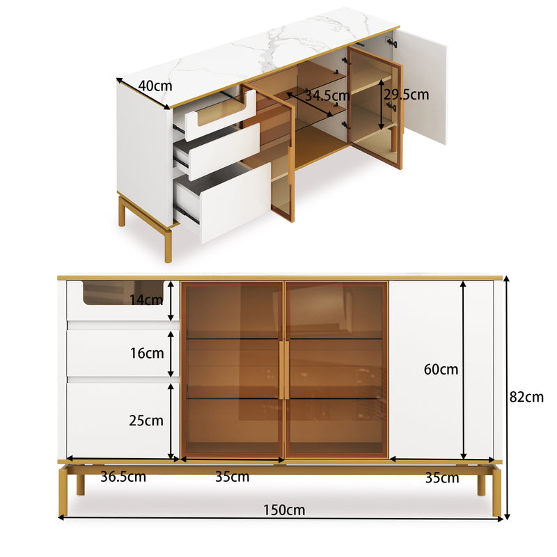 Buffet Élégant Blanc Effet Marbre et Or avec Portes Vitrées, Tiroirs Cachés et Rangement Modulable KROCEID