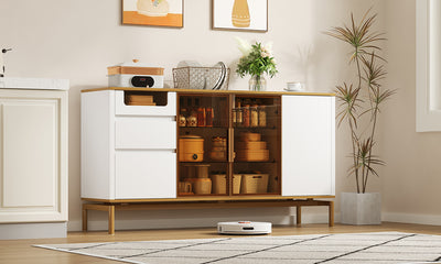 Buffet Élégant Blanc Effet Marbre et Or avec Portes Vitrées, Tiroirs Cachés et Rangement Modulable KROCEID