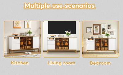 Buffet Élégant Blanc Effet Marbre et Or avec Portes Vitrées, Tiroirs Cachés et Rangement Modulable KROCEID