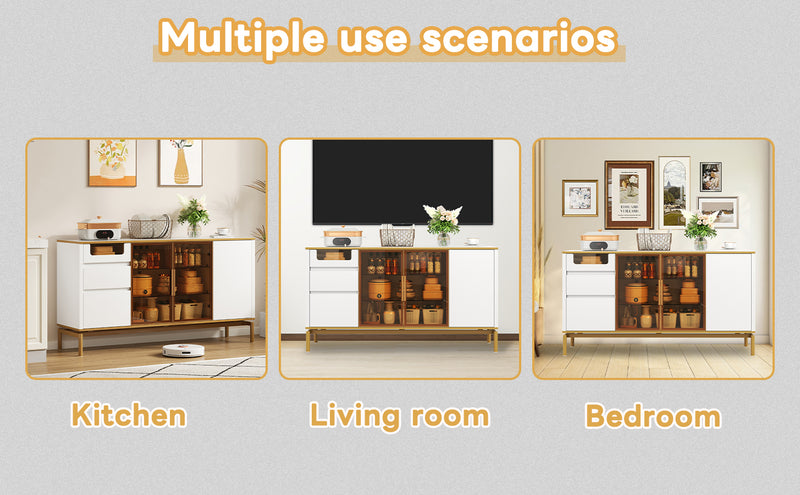 Buffet Élégant Blanc Effet Marbre et Or avec Portes Vitrées, Tiroirs Cachés et Rangement Modulable KROCEID