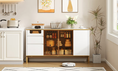 Buffet Élégant Blanc Effet Marbre et Or avec Portes Vitrées, Tiroirs Cachés et Rangement Modulable KROCEID