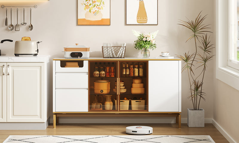 Buffet Élégant Blanc Effet Marbre et Or avec Portes Vitrées, Tiroirs Cachés et Rangement Modulable KROCEID