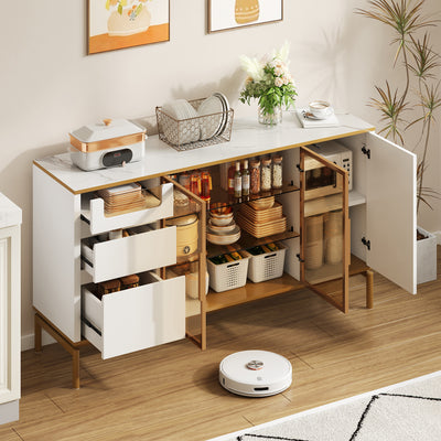 Buffet Élégant Blanc Effet Marbre et Or avec Portes Vitrées, Tiroirs Cachés et Rangement Modulable KROCEID