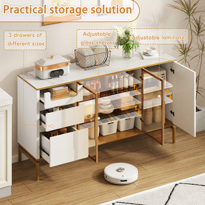 Buffet Élégant Blanc Effet Marbre et Or avec Portes Vitrées, Tiroirs Cachés et Rangement Modulable KROCEID