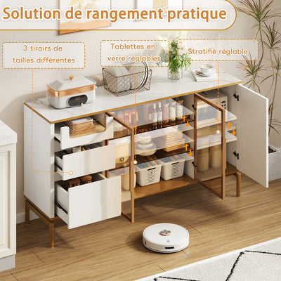 Buffet Élégant Blanc Effet Marbre et Or avec Portes Vitrées, Tiroirs Cachés et Rangement Modulable KROCEID