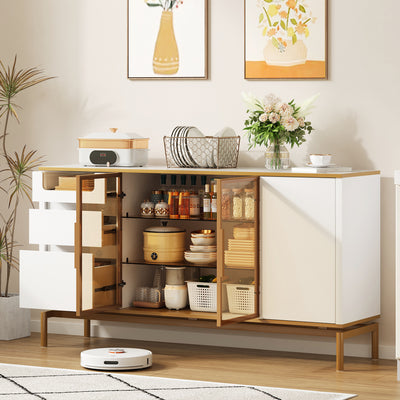 Buffet Élégant Blanc Effet Marbre et Or avec Portes Vitrées, Tiroirs Cachés et Rangement Modulable KROCEID