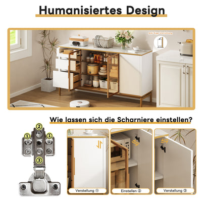 Buffet Élégant Blanc Effet Marbre et Or avec Portes Vitrées, Tiroirs Cachés et Rangement Modulable KROCEID